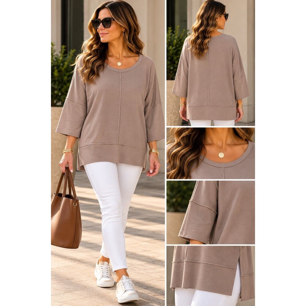 Spanx Womens L Beige Solid Knit Pullover Round Neck Top 3/4 Sleeve